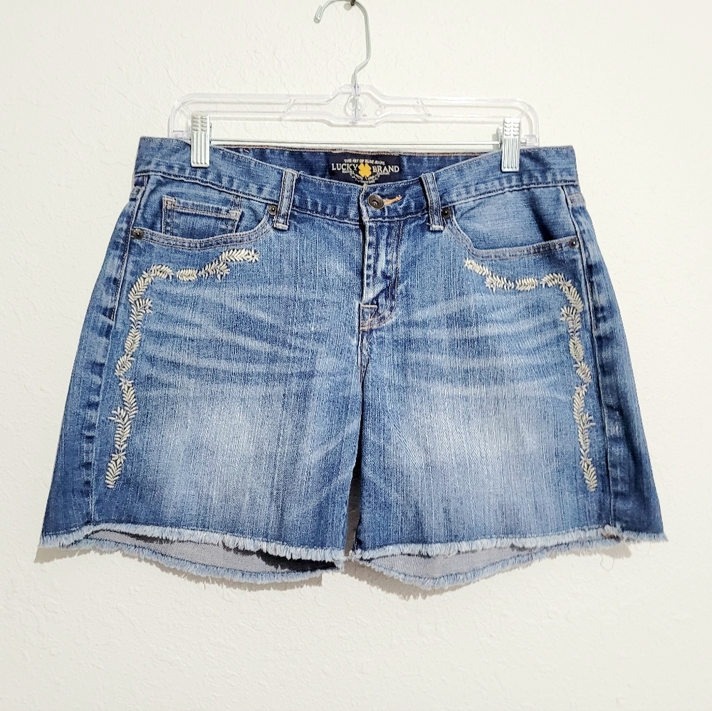 Lucky Brand Medium Wash Embroidered Denim Cutoff Shorts Size 28